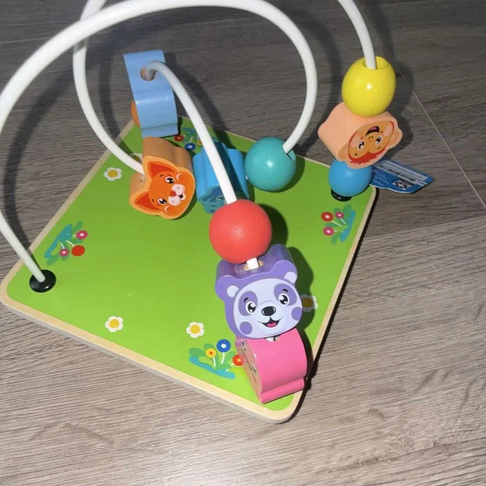Wood Bead Maze Activity Toy with Animal Blocks on Green Base